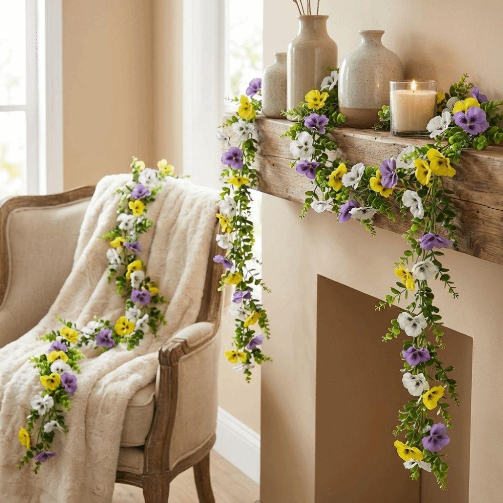 Flexible Artificial Pansy Vines UV Resistant Pansy Eucalyptus Vines  Garden Decor