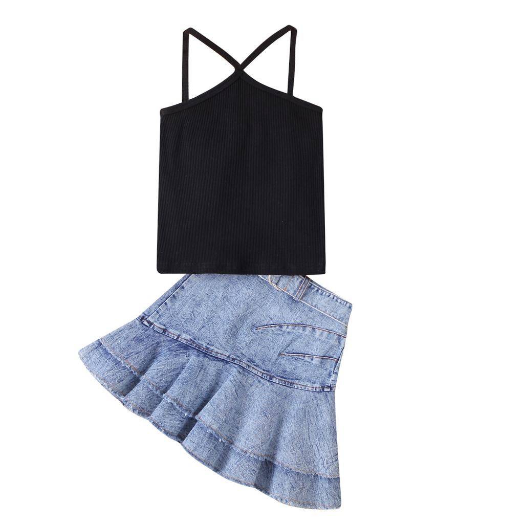 Летний костюм для девочек, однотонный джинсовый костюм с лямками и короткой юбкой