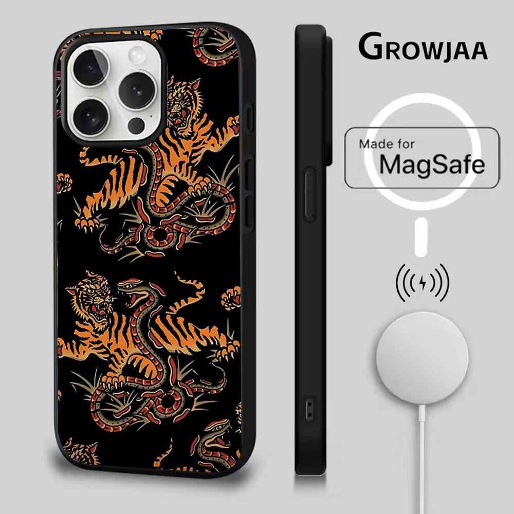 Японская Укиё-э Тигр Чехол для Телефона Для iPhone 17,16,15,14,13,12,11,Pro,Max,Plus,Mini,SE4,E Магнитный Magsafe Беспроводная Зарядка