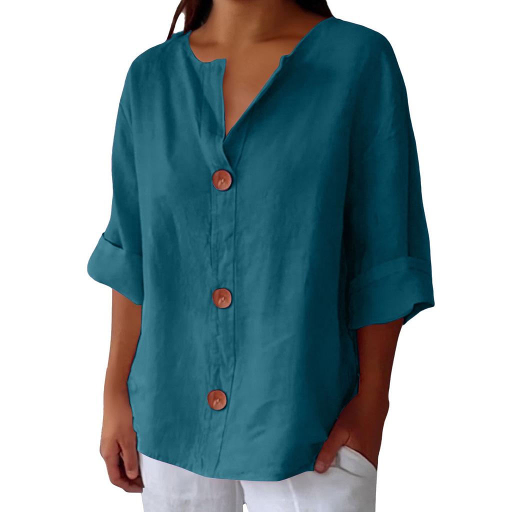 Women's Fashion Casual V-Neck Buttoned Seven-Point Sleeve Cotton T-Shirt Top