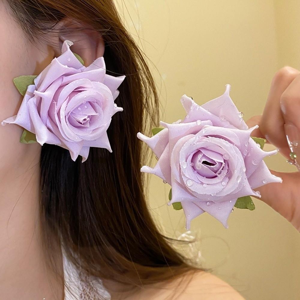Solid Color Floral Stud Earrings Cloth Drop Earrings Fresh Rose Flower Earrings Gift