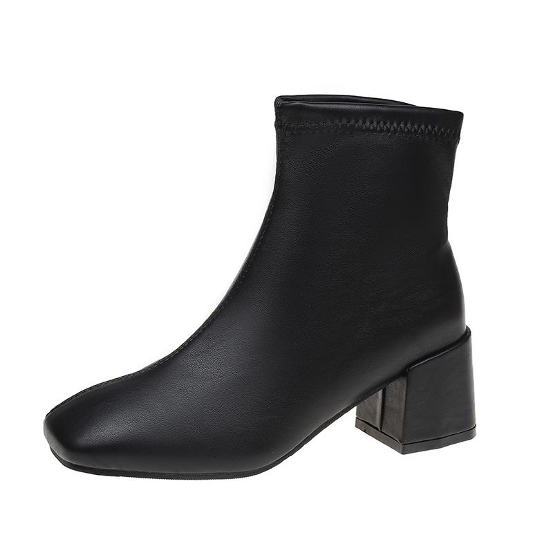 Fashion Casual Women's Thick Heel Medium Heel Boots Women's 2024 New Winter Square Toe Back Zipper Heightening Short Boots