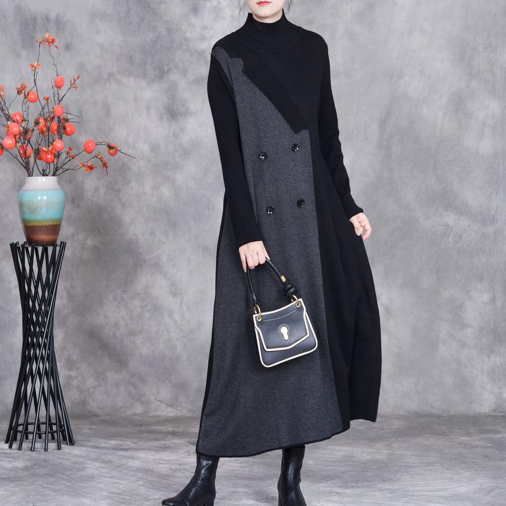 Johnature Woman Winter Neck Long Sleeves Knit Dress Niche Contrast Devise Fashion Personality Dress