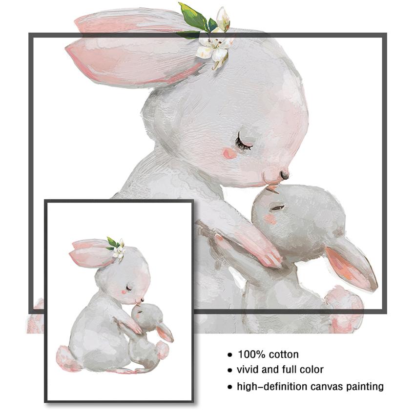 Розовые цветы, мультяшная картина для девочек, декор для детской комнаты, постер с кроликом, картины с животными, детская настенная живопись с кроликом, холст, живопись
