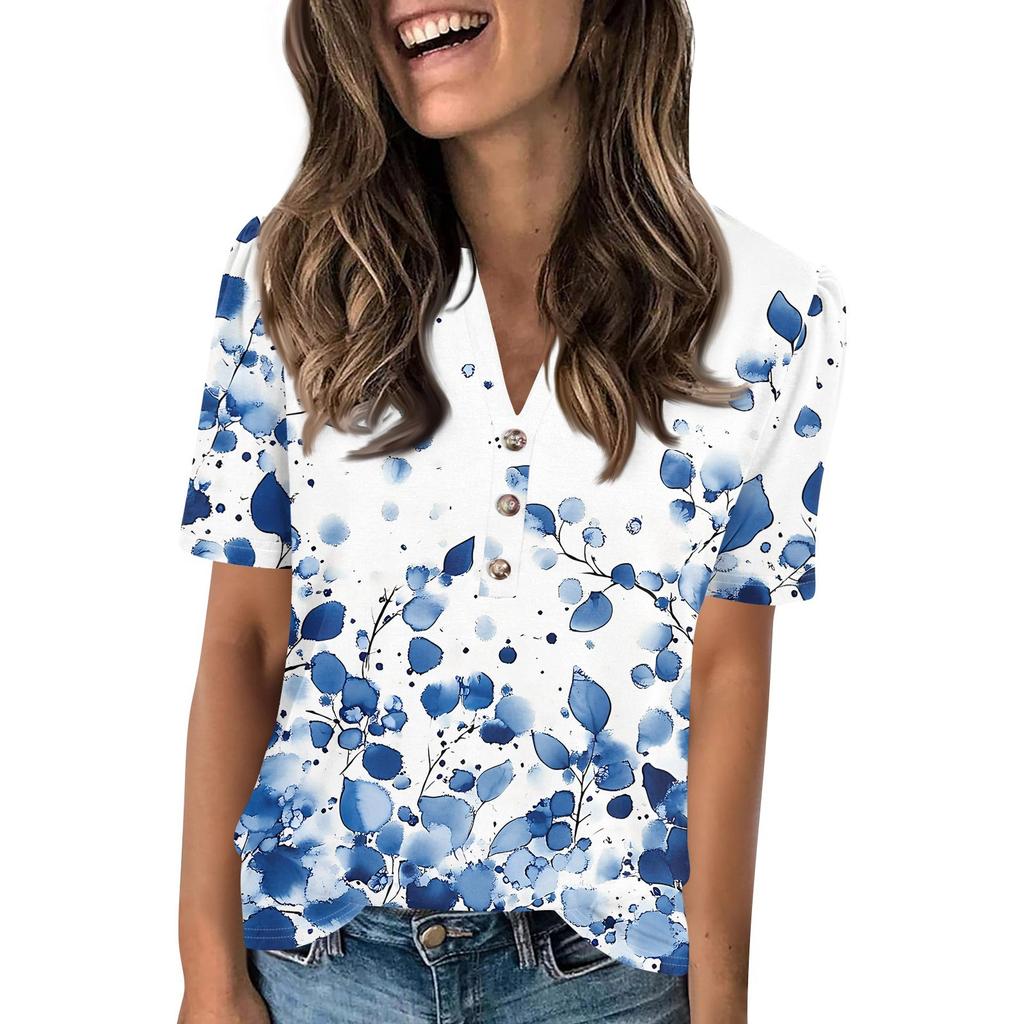 Женский модный повседневный свитер с коротким рукавом и принтом на пуговицах и V-образным вырезом