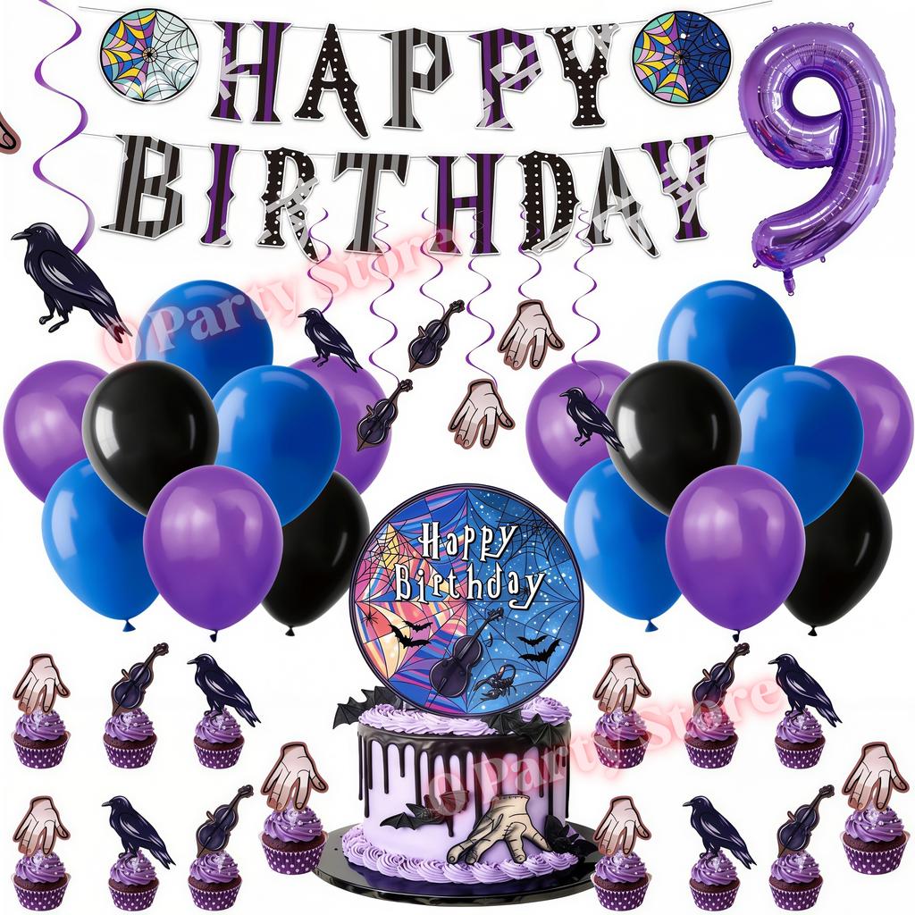 Birthday Party Decorations Supplies Kit Balloons Cups Plates Backdrop Banner Addams Theme Birthday Cake Decor Kids Favor Gifts