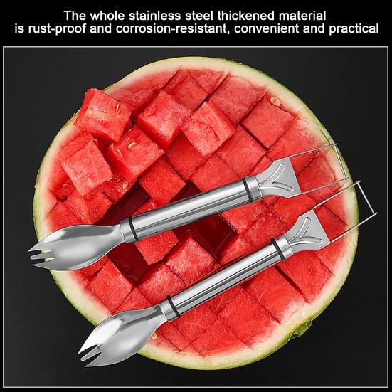 1/2Pcs Watermelon Fork Slicer Stainless Steel 2 In 1 Cutter Round Fork Head Portable Kitchen Fruit Cutting Fork for Watermelon Chunks Cake Bread Pizza