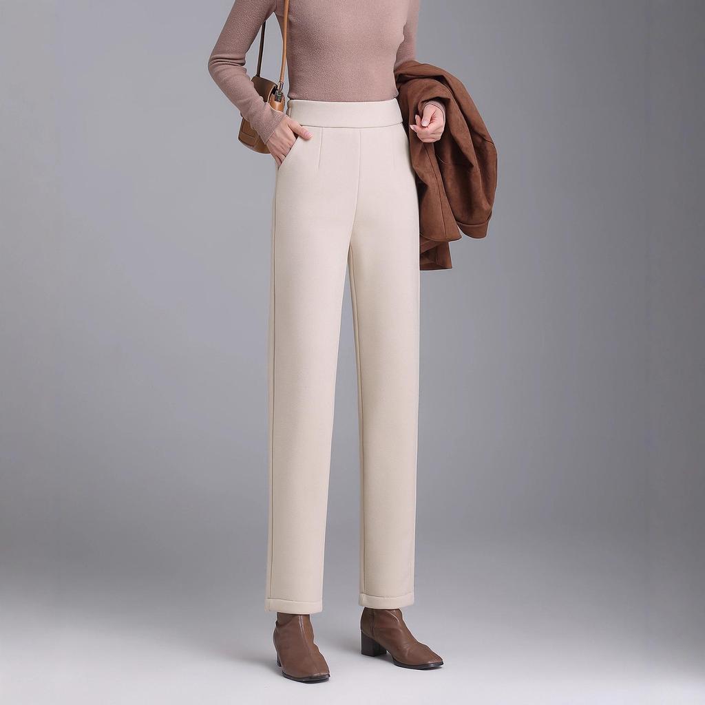 Women's High-Waisted Wool Cigarette Pants - Autumn/Winter, Warm, Versatile, Casual, Plus Velvet & Thickened.