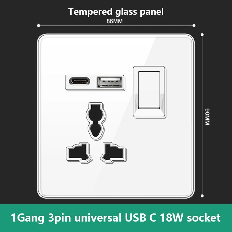 UN UK RU Standard Wall Light Switch Power Socket,18W Plug Type-C USB Quick Charging Universal 5-pin Tempered Glass Socket Outlet