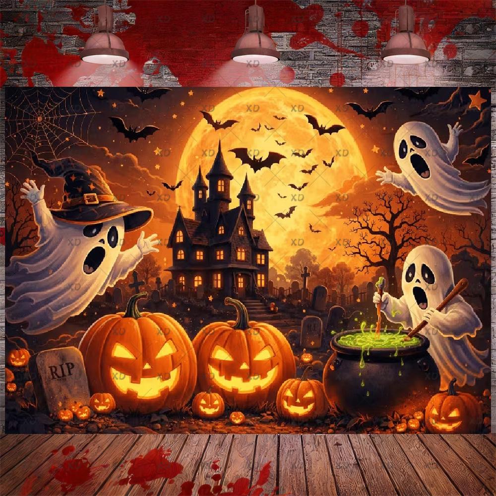 Halloween Party Decor: Pumpkin Backdrop, Ghosts, Haunted House, Photography Props, Photo Booth Banner56