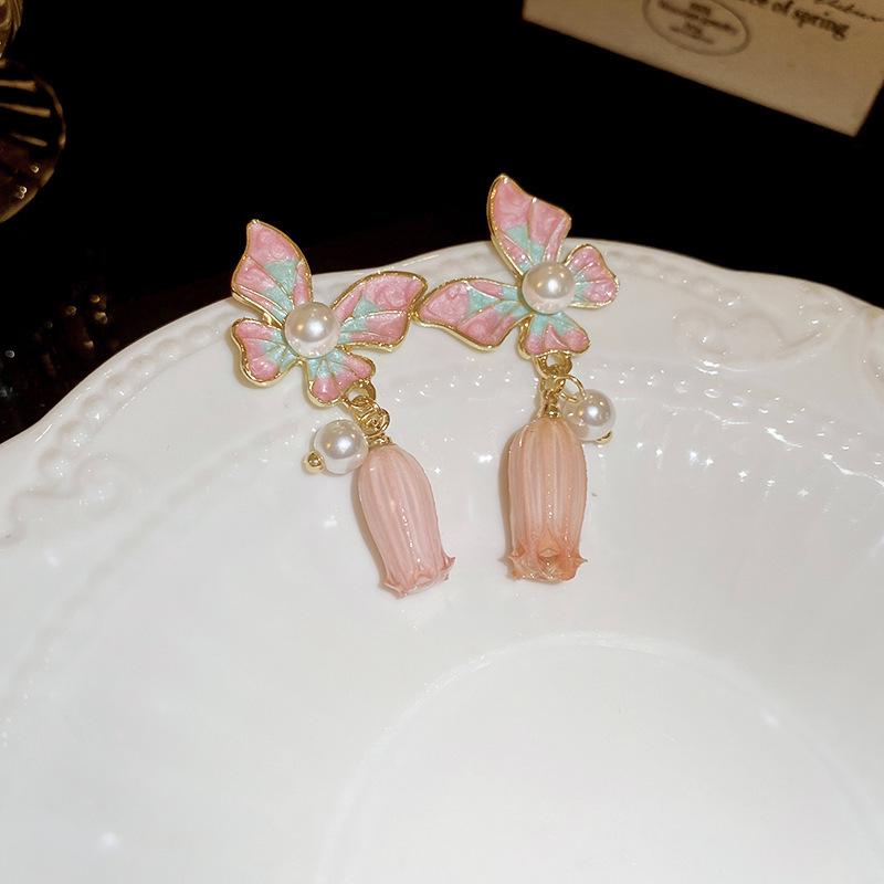 Богемные розовые серьги-кисточки с цветком из бисера и жемчуга