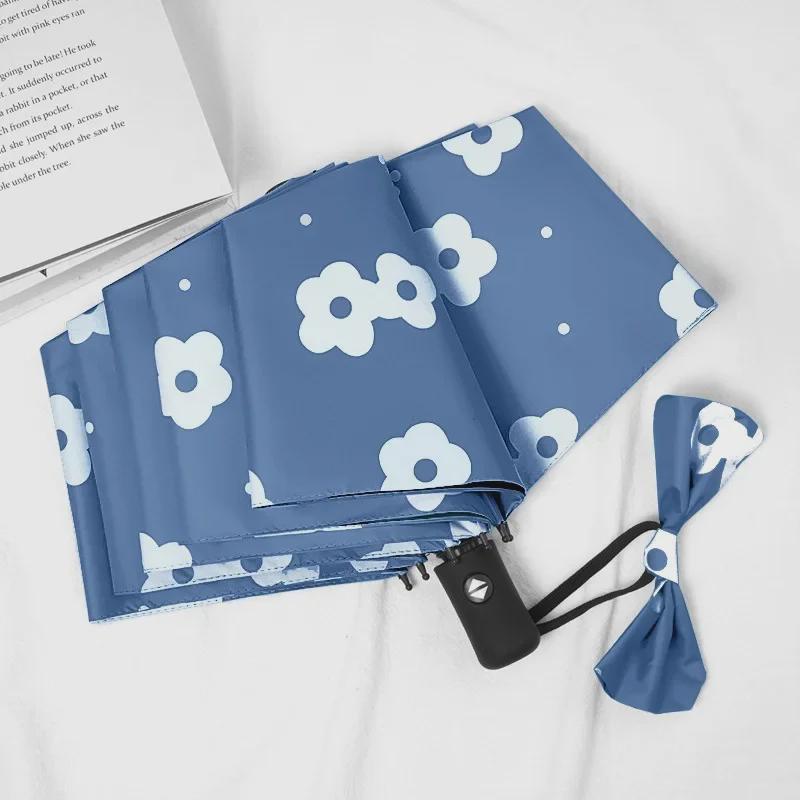 Автоматический женский зонт-цветок двойного назначения: Защита от ветра/дождя и УФ-излучения с тройным складыванием на черном клее.