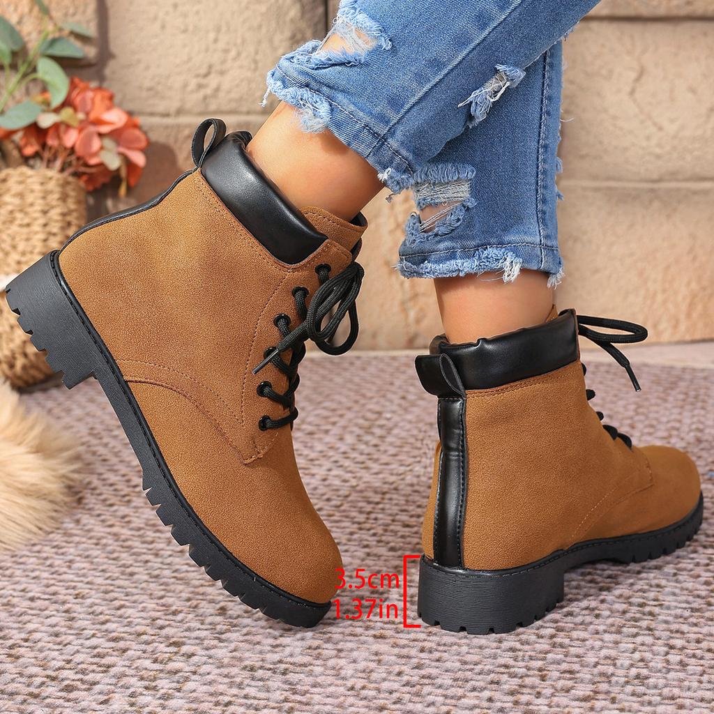 Women's Martin Boots Fashion Color-blocked Boots Front Lace-up Plus Size British Leather Boots Women