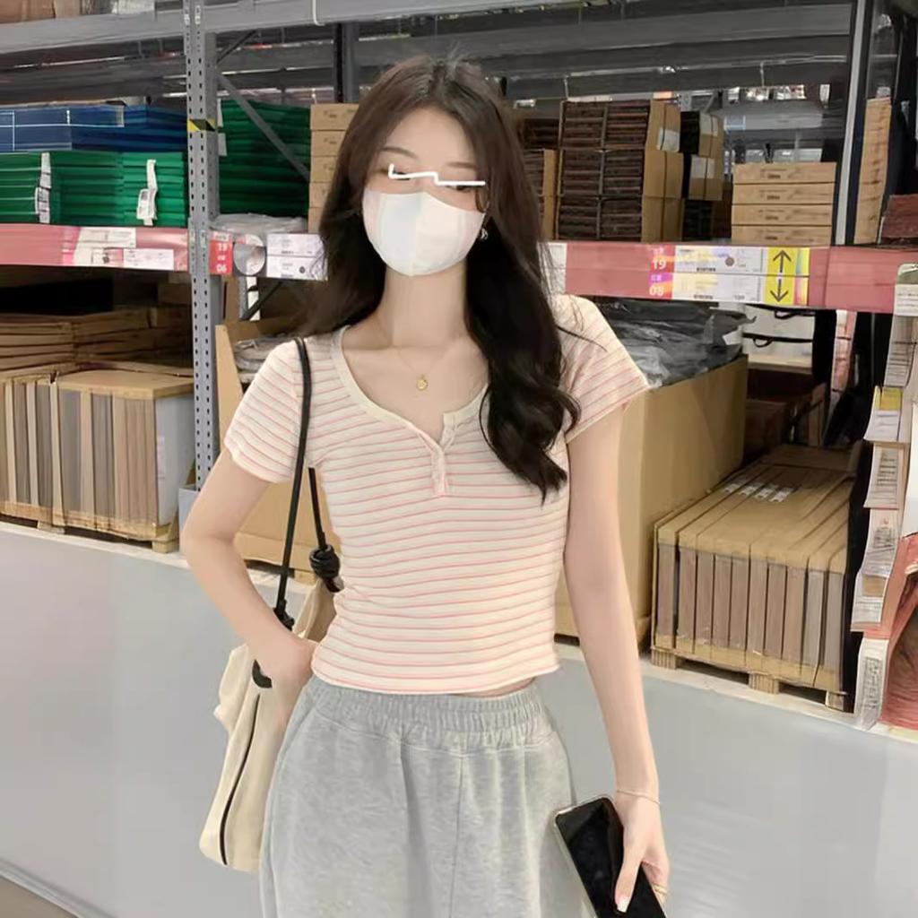 Striped Clavicle-exposed Short-sleeved T-shirt for Women's Summer Contrasting Base Shirt Sweet Hot Girl Short Sweater Top