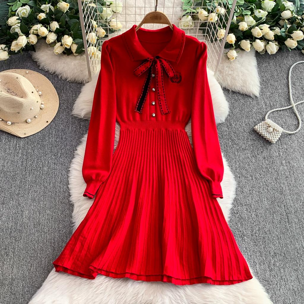 Spring Autumn Women College Stle Polo Color Full Sleeve Bowtie Knitted Sweater Mini Short Pullover Pleated Dresses