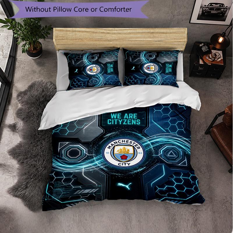 Manchester City Pattern 3 Pieces Bedding Set Soft Microfiber Duvet Cover with Pillow Cases for Bedroom