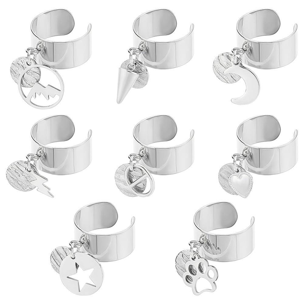 304 Stainless Steel Cuff Finger Rings, with Stainless Steel Pendants, Stainless Steel Color, Inner Diameter: 17~18mm