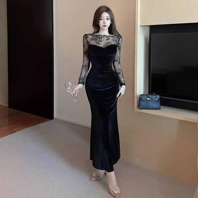 2025 женский темперамент сексуальный кружевной сращивание тонкий тренд платье
