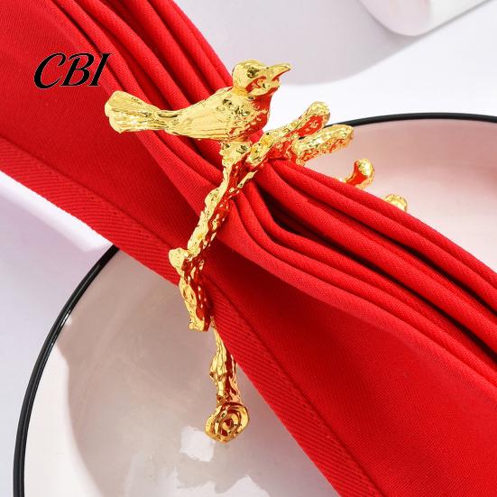 Tree Branch Napkin Ring Ring, Vintage & Bird Design with Gold Finish, Open-End Holder for Plated Cloth Linen Dinner Napkins, Wedding Banquet