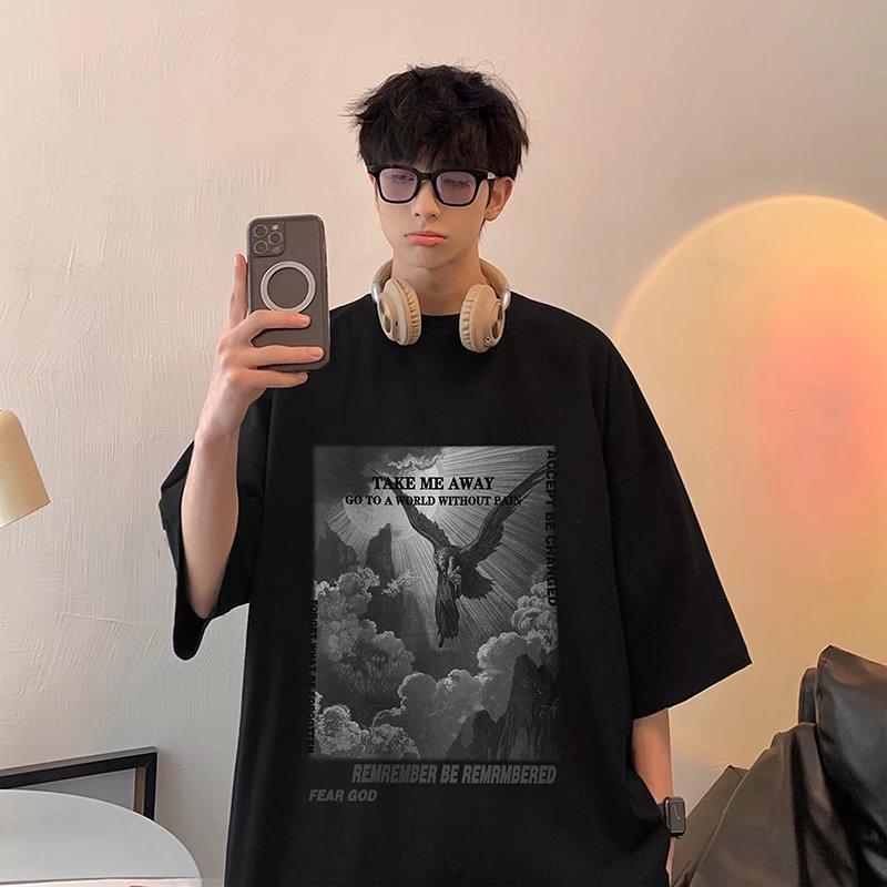 2024 Summer Short Sleeved T-Shirt For Men'S Trendy Five Inch Sleeve Versatile Casual Loose Student Half Sleeved T-Shirt Daily Fashion Printed Top