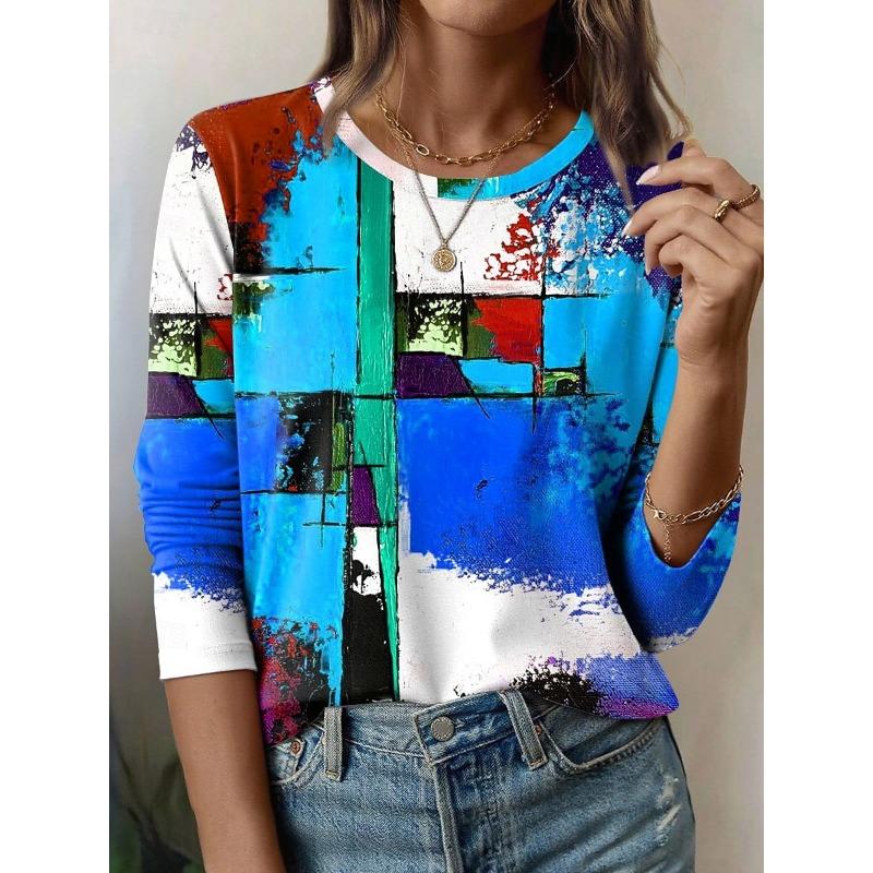 Women's Plus Size Floral Print Long Sleeve T-Shirt with Slight Stretch - Casual and Comfortable