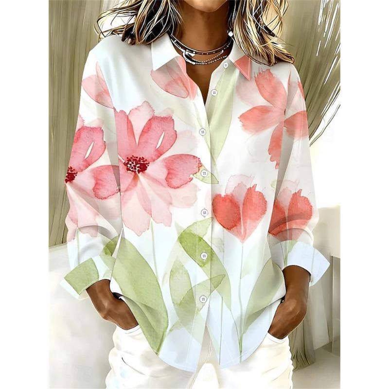 New Arrival Elegant Women's Long-Sleeve Shirt Floral-Print Collared Button-Down Shirt Loose-Fitting, Breathable Shirt Top