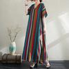 Dimanaf New Women 2025 Plus Size Summer Long Casual Stripe Dress Cotton Linen Vintage Loose Basic Dress Maxi
