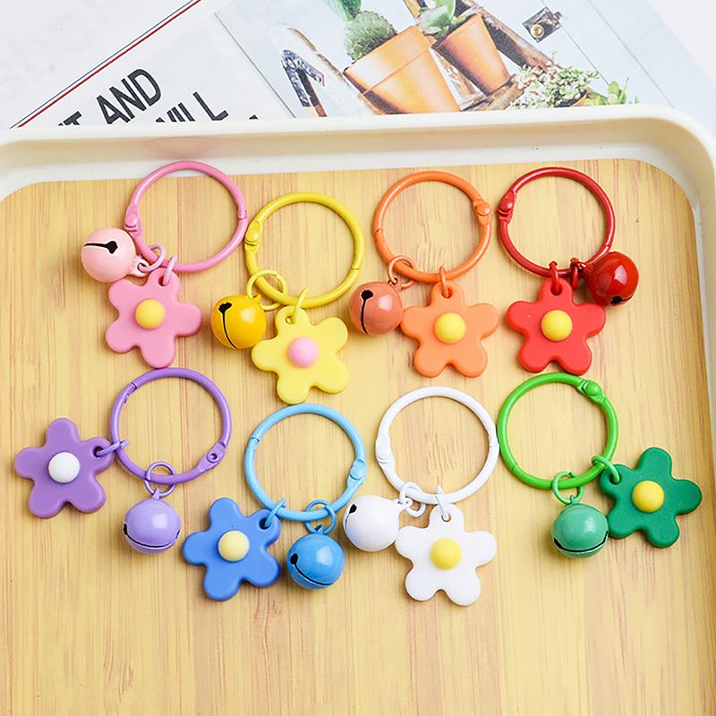 Colorful Flower Keychain With Bell Creative Metal Keyrings Flower Bells Pendant Keychain Bag Accessories Key Ring