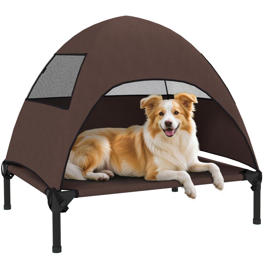Outdoor Dog Bed with Roof, Elevated Dog Bed for Medium-Sized Dogs, 76 x 61 x 71cm, Coffee
