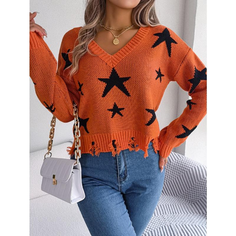 European American Style Casual V Neck Star Distressed Long Sleeve Knit Pullover Sweater Women S