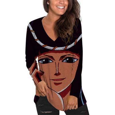 Мультфильм Граффити Мода Универсальный Цифровой Принт Сексуальная V-образный Вырез Женская Футболка Свободная Повседневная Длинный Рукав Дамы Удобная