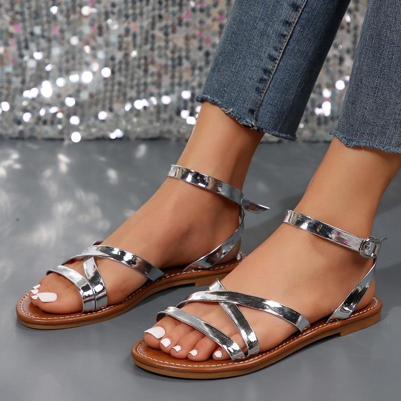 Модная обувь для женщин 2024 Летние сандалии с открытым носком для женщин Римские плоские пряжки женские сандалии большого размера