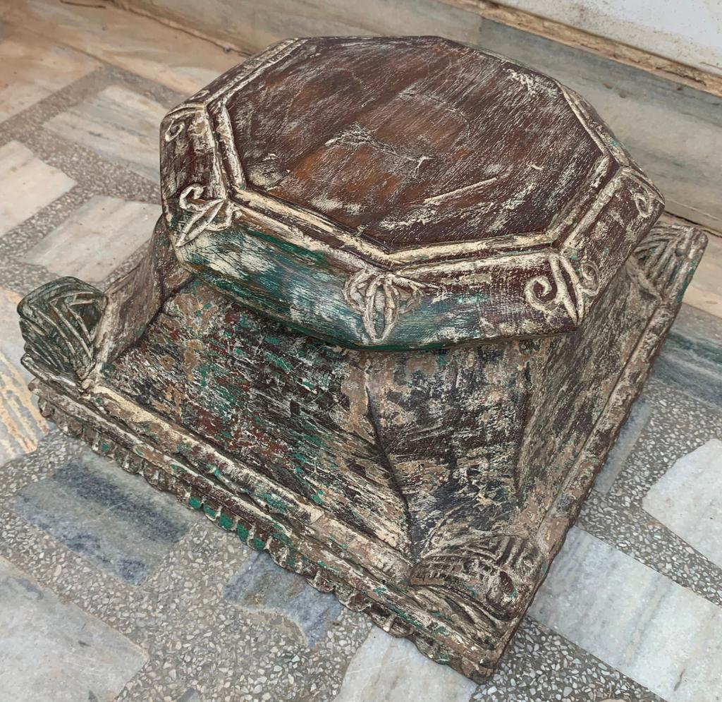 Indian Carved Wood Shelf Bracket: Antique Distressed Painted Panel