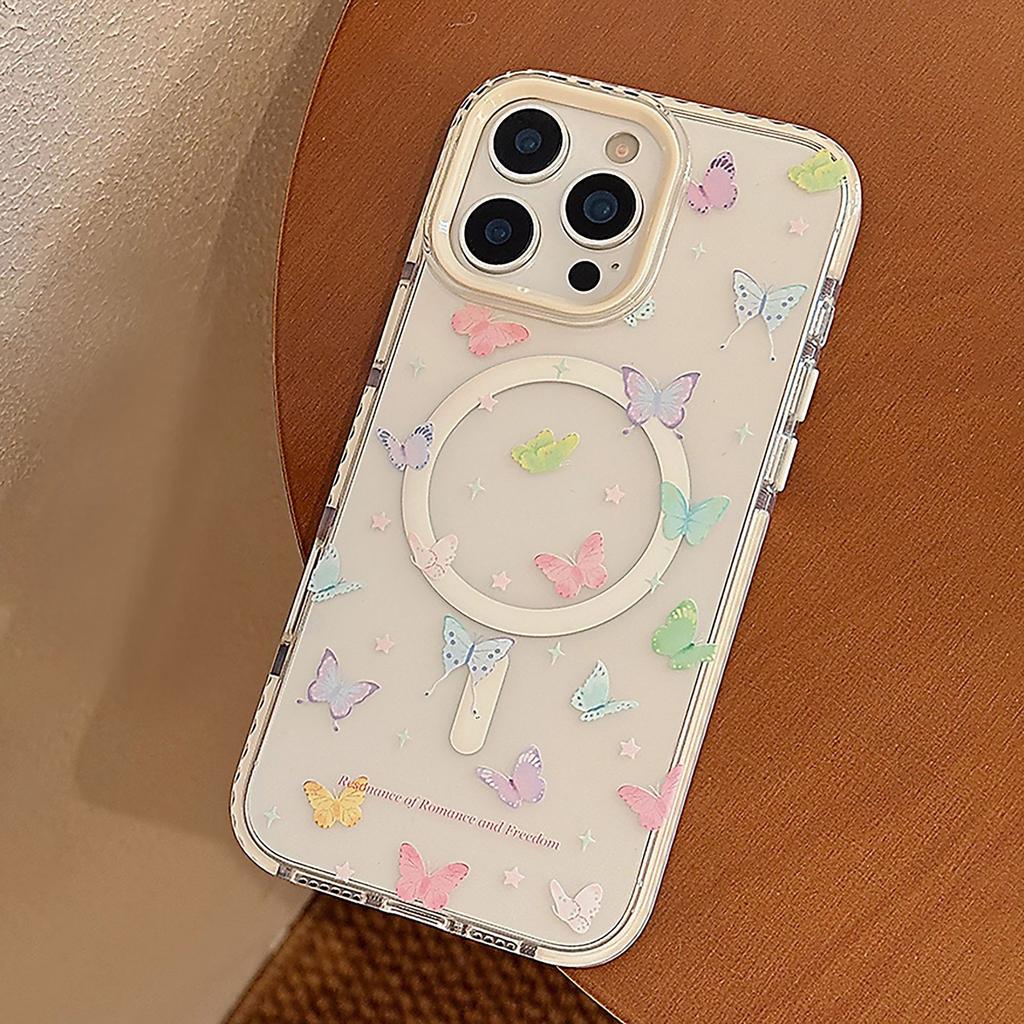 Свежий Красочный Бабочка 16promax Прозрачный Чехол для Мобильного Телефона iPhone 15 Подходит для 13 Вращающийся Магнитный Кронштейн