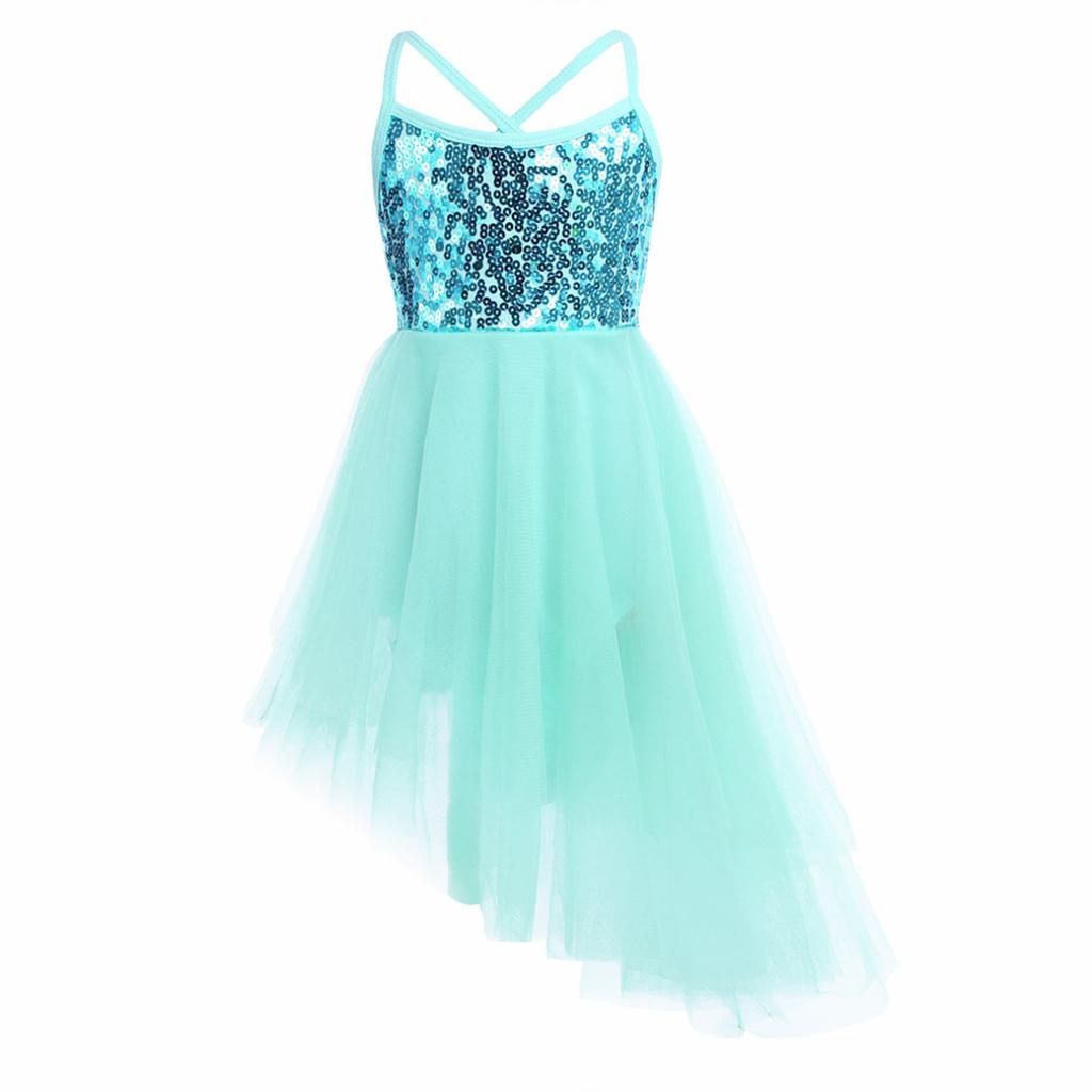 Kids Girls Sleeveless Sequins Tulle Ballet Dance Gymnastics Leotard Dress Lyrical Dance Wear