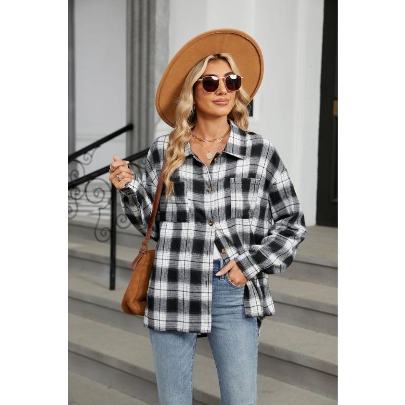 Весенне-осенняя куртка женская блузка больших размеров с лацканами и длинными рукавами, карманами на пуговицах, клетчатая рубашка