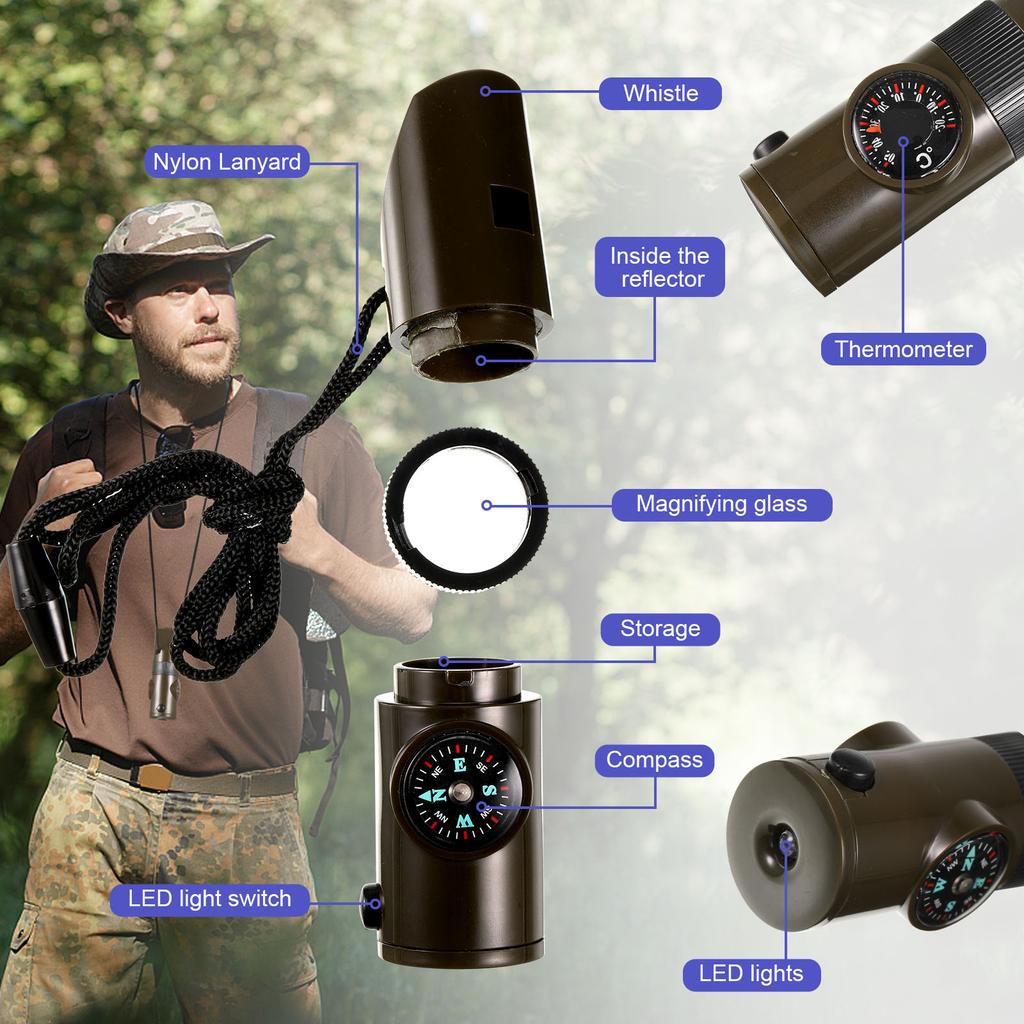 Портативный свисток для выживания в экстренных ситуациях 7-в-1 с компасом, термометром, свисток судьи для активного отдыха, кемпинга, пеших походов, аварийное снаряжение
