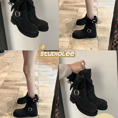 Второй волос~ Виноградная мать, Марсельский дневник~ Ретро металлическая пряжка круглый носок полированные локомотивные ботильоны на устойчивом каблуке женщина