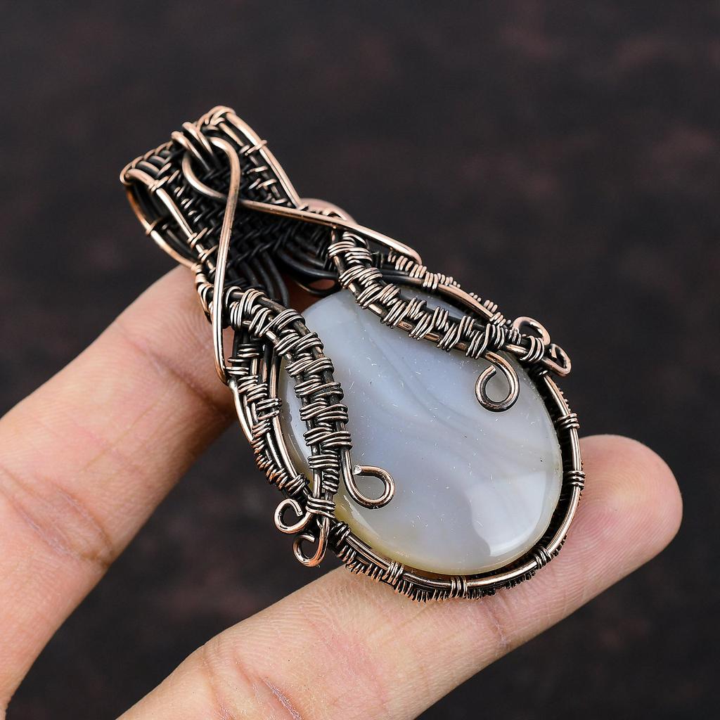 Подвеска из агата Ботсваны с медью, обернутая медной проволокой, драгоценные камни, ювелирные изделия ручной работы, уникальный дизайн, подвеска с проволочной оберткой, подарок для матери