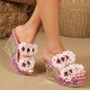 Transparent PVC Flowers Sexy 11CM High Heels Sandals Women Platform Wedges Knitted Floral Slippers Ladies Nightclub Party Shoes