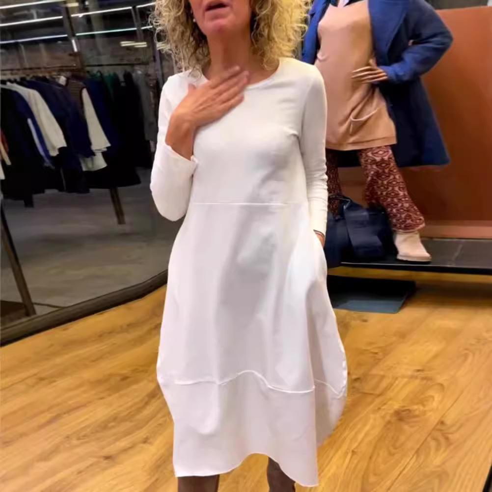 Осенне-зимнее однотонное повседневное платье с длинным рукавом и карманом, с круглым вырезом