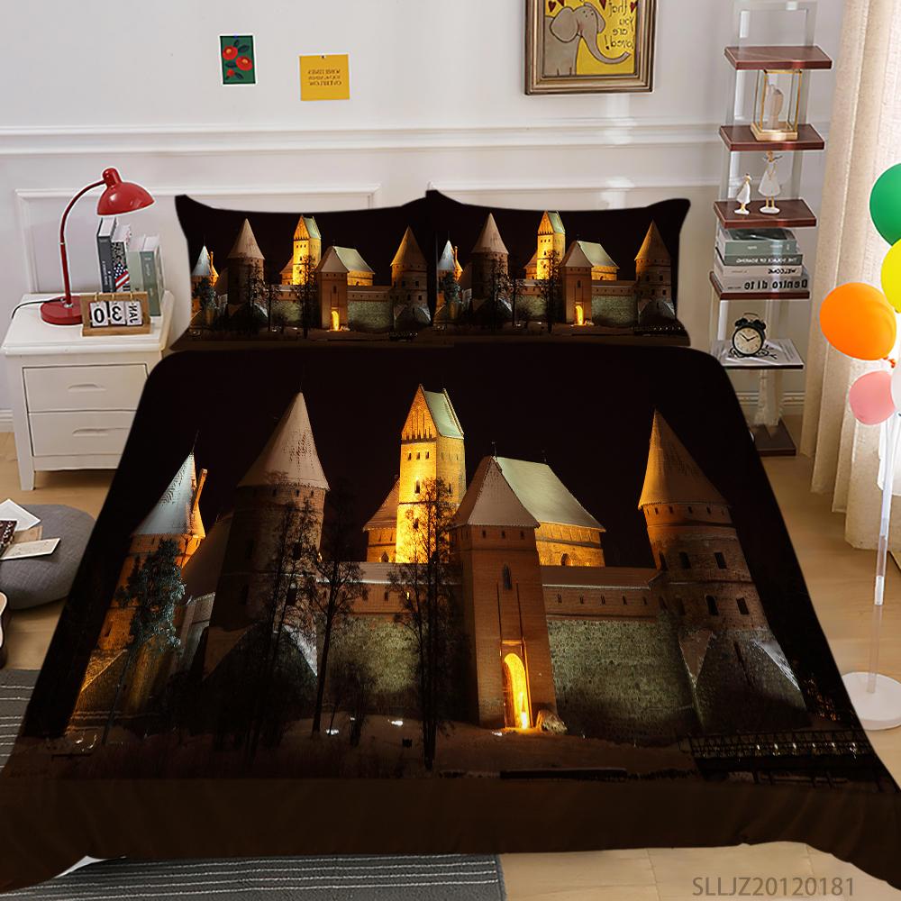 Комплект постельного белья Deluxe 3D с архитектурным узором, пододеяльник и наволочка, 2 или 3 предмета с высотной печатью, полноразмерное моющееся и удобное постельное белье