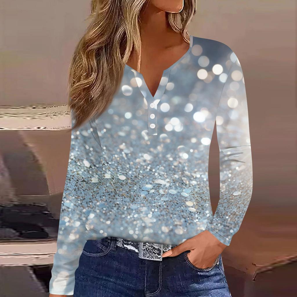 Жен. Футболка Футболка На пуговицах С принтом Длинный рукав Повседневные Выходные Мода Классический V-образный вырез Обычный Топ