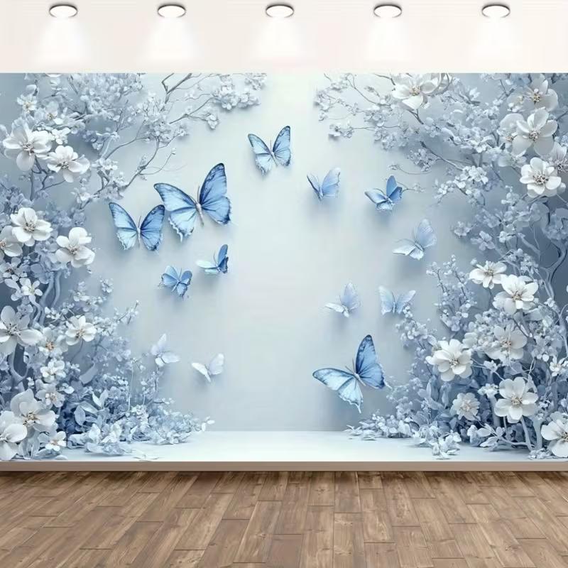 2D Hanging Blue White Butterfly Photo Booth Background