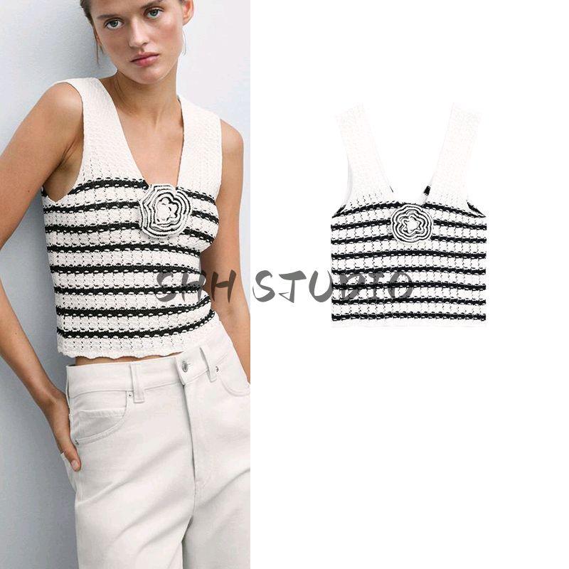 MD Women's Spring Clothing Classic Style Seaside Vacation Style Flower V Neck Knitting Spaghetti Straps Sleeveless T-shirt 5703531