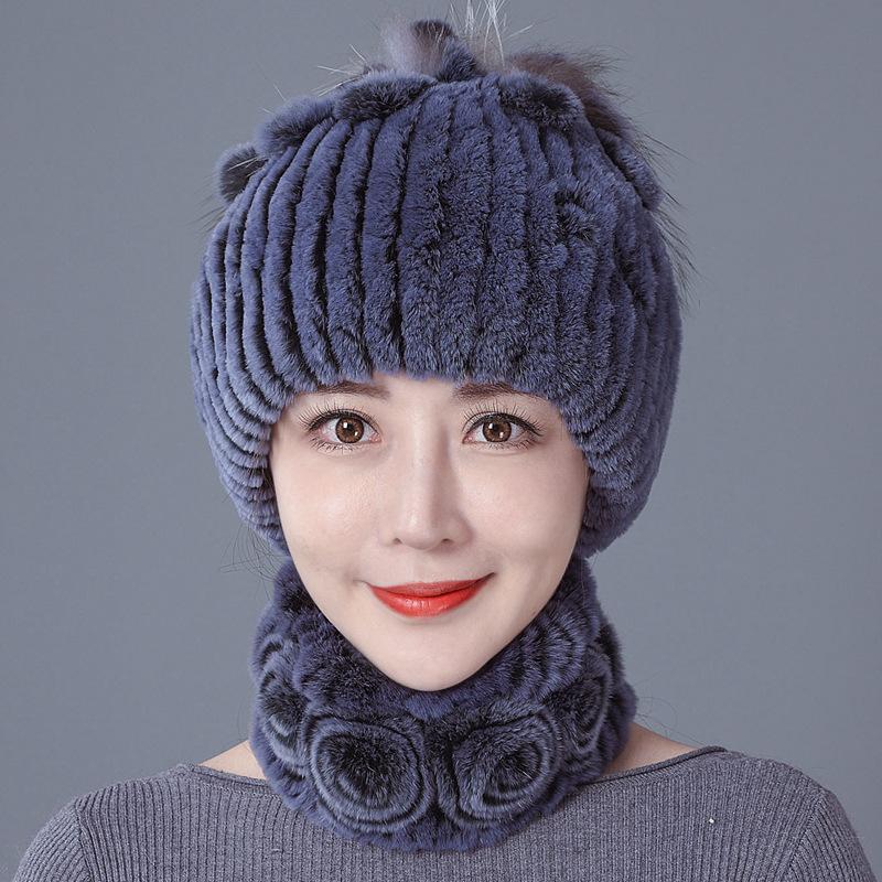 Шапка из меха кролика, женская зимняя мода, универсальная, теплая, зимняя защита для ушей, шарф из меха кролика Рекс, комплект из двух предметов, меховой костюм из меха