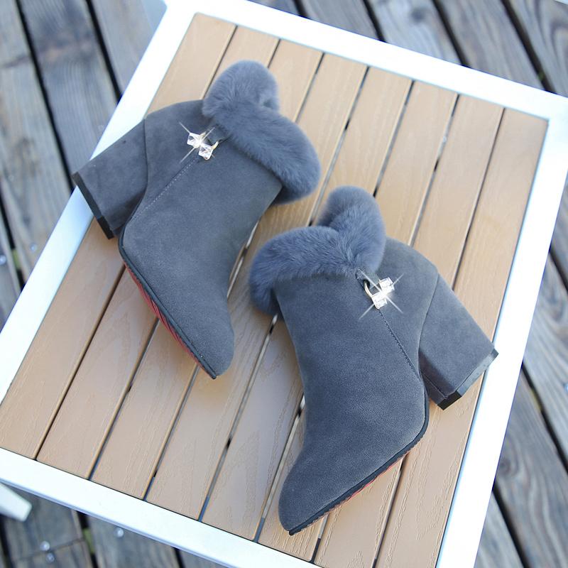 Модные женские меховые зимние теплые остроносые ботильоны сексуальные украшения из страз женские ботинки на молнии удобные женские туфли