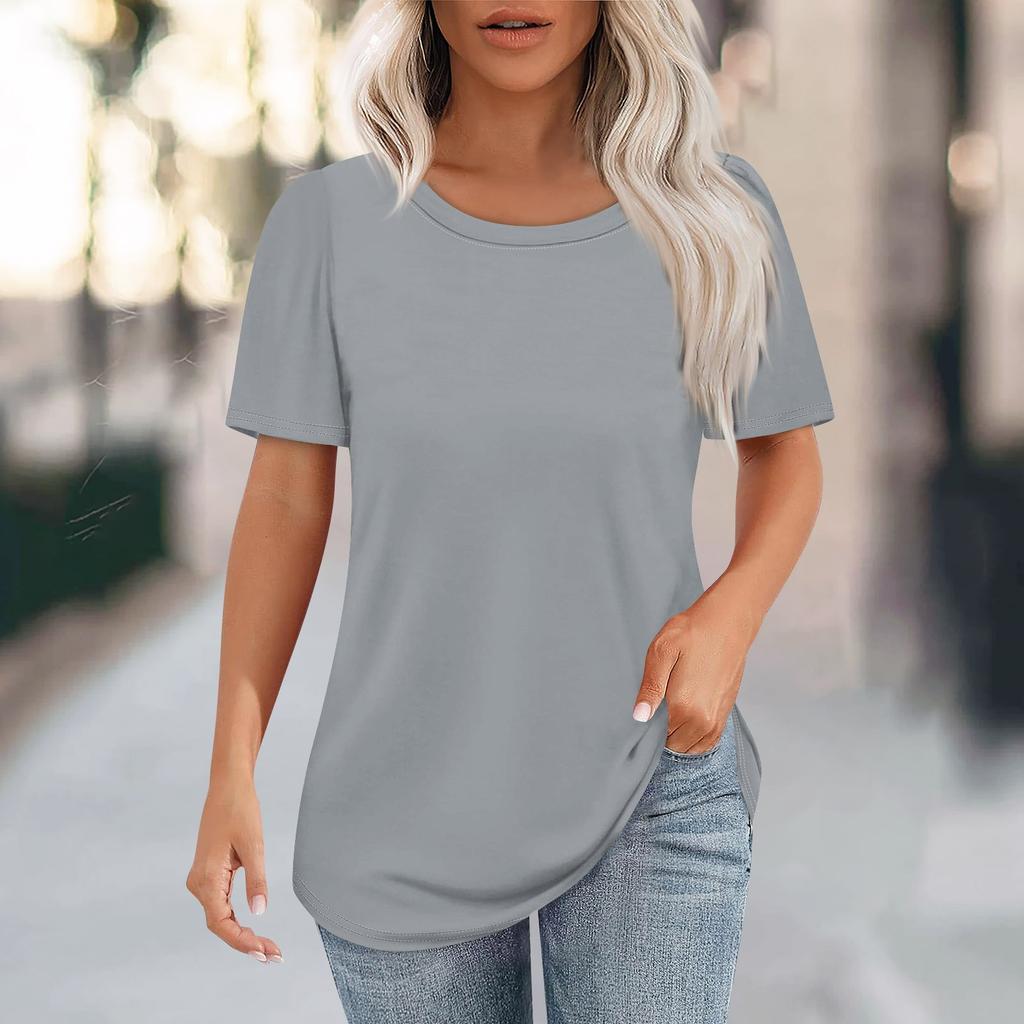 Women's Fashion Casual Solid Color Round Neck Short Sleeve T-shirt Tops