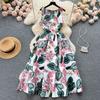 Floral Print Sundress Women O Neck Sleeveless Zipper Ruched Summer Vacation Beach Party Long Maxi Dresses