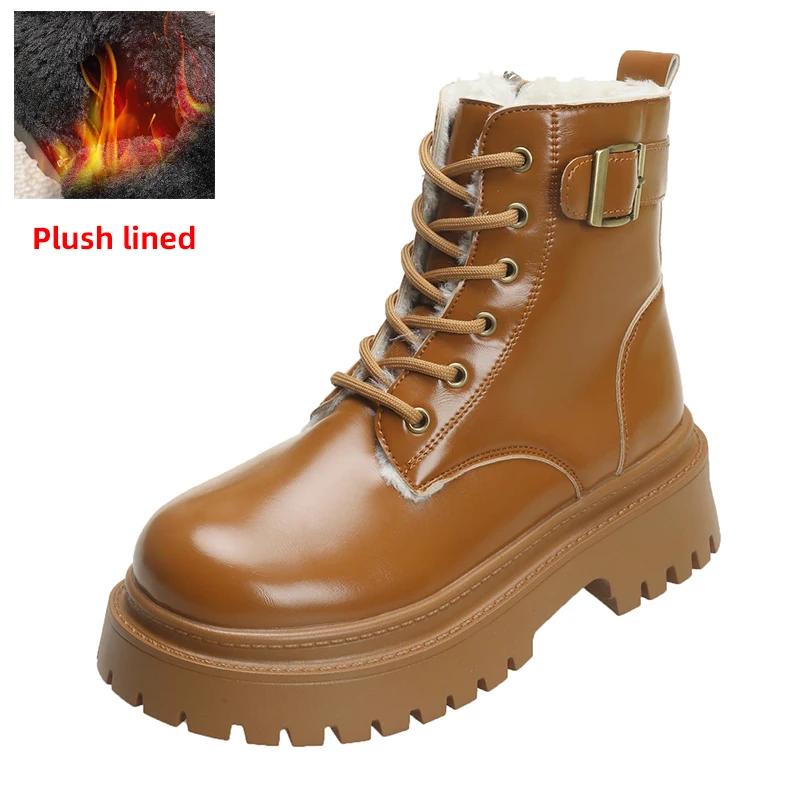 Fashion Chunky Platform Combat Boots for Women 2024 Winter Thicken Warm Plush Ankle Boots Woman Punk Thick Bottom PU Leather Botas Mujer